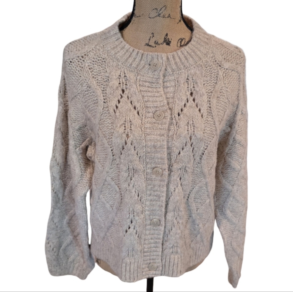 Lucky Brand Chunky Cable Knit‎ Cozy Cardigan Sweater Cream Beige Size Medium New - Picture 2 of 7